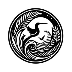 Black and White Graphic Circle Logo: Wading Bird, Water Waves, and Foliage. Minimalist Nature Symbol Illustration.