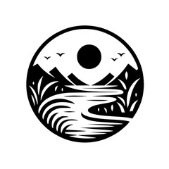 Minimalist Black and White Landscape Circle Logo/Emblem - Mountains, River, Sun, Birds, Nature Graphic Design