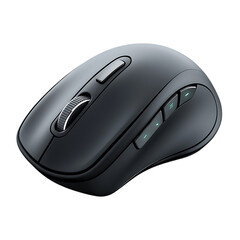 Smooth matte black ergonomic wireless mouse with side buttons, displayed at an angle on a pure white background 
