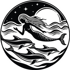 "Whimsical Mermaid Silhouette Vector Collection with Magical Sea Creatures and Ocean Fantasy Elements"