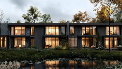 Modern residential buildings at dusk with illuminated windows and serene pond reflections