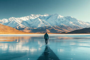 Person walking on frozen lake, mountains in background.