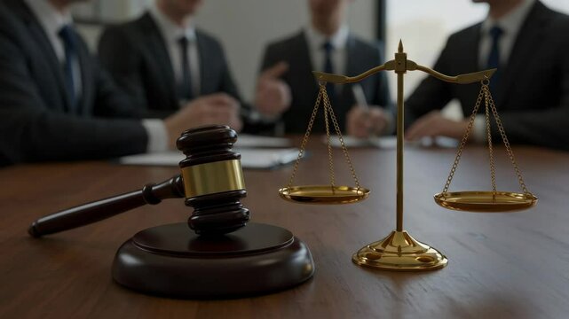 Gavel, Scales of Justice, and Lawyers in Meeting - A judge's gavel and scales of justice sit on a conference table in the foreground, with several lawyers in suits blurred in the background