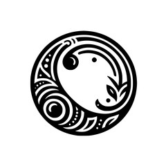 Abstract Black and White Circle Design with Decorative Floral Elements