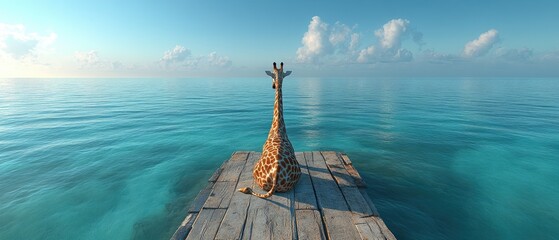 A serene giraffe rests on a wooden platform afloat on a tranquil sea.