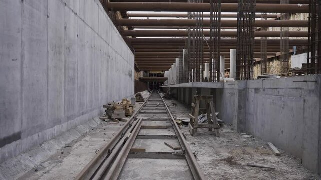Aligned rail tracks for subway latest branch. Sturdy columns and supports hold underground system in place. Ongoing building of station