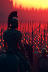 Crimson Commander: A lone warrior, a man in his late 20s, with a strong, muscular build, dark hair tied in a high ponytail, stands silhouetted against a sea of crimson spears, his gaze fixed on the
