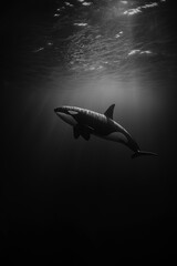 Majestic Orca in Monochromatic Underwater Realm: A Black and White Portrait of a Killer Whale, powerfully swimming in the deep ocean, showcasing its sleek, dark form against a dimly lit background.