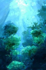 Fototapeta premium Forest light filters through green tree leaves, abstract illustration.