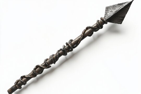 Unique handcrafted spear with intricate design and detailed craftsmanship displayed on a neutral background