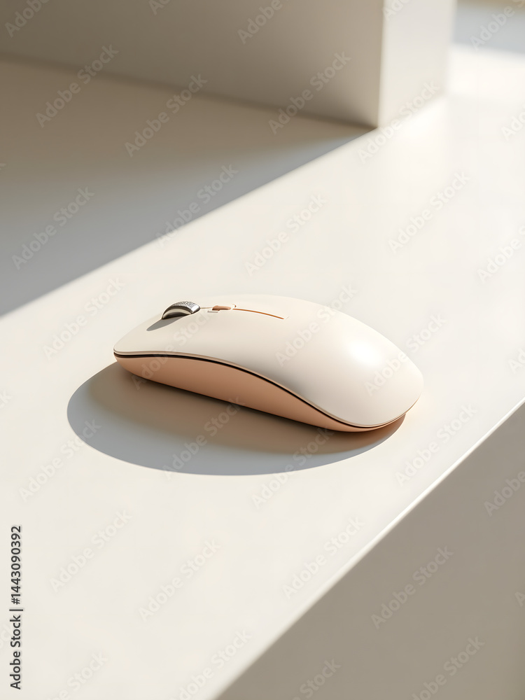 Poster A light beige wireless computer mouse rests elegantly on a minimalist surface with clean lines and simplicity._00001_
