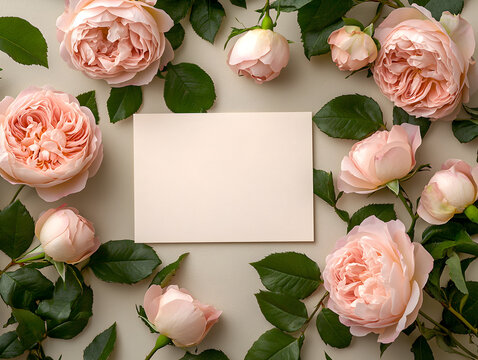 Blank pastel card surrounded by soft pink roses and green leaves on clean background, evoking romantic and elegant mood