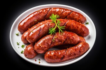 Delicious grilled sausages served on a white plate with fresh herbs garnishing the dish