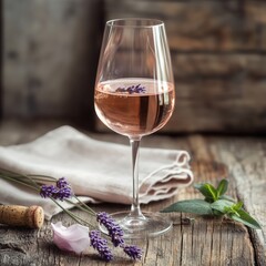 Lavender infused wine set on rustic wooden table with fresh herbs and cork