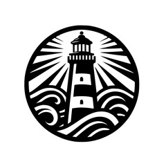 Coastal Lighthouse Emblem: Black & White Circular Design