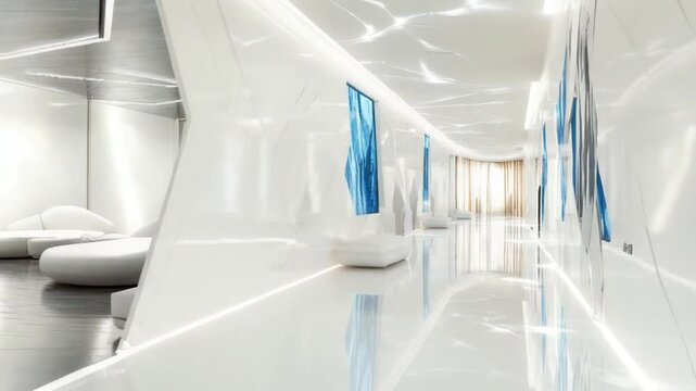 Modern white hallway, lounge area, blue art, futuristic design, spa interior