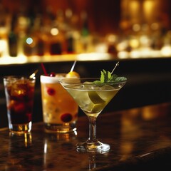 Elegant cocktails arranged beautifully on a bar counter in a dimly lit lounge during the evening hours