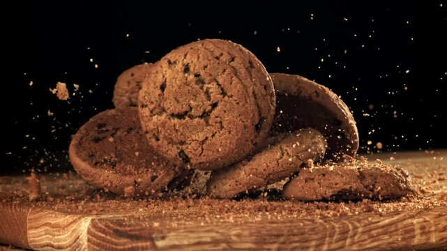 Oatmeal cookies fall on a wooden board. Filmed on a high-speed camera at 1000 fps. High quality FullHD footage