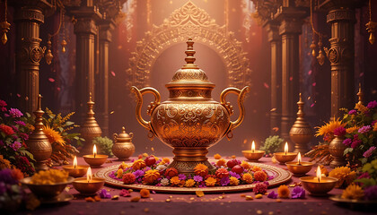 Decorative Golden Kalash with Floral Arrangement and Oil Lamps for Indian Festival Celebration on Warm Background