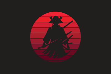 Samurai design with red moon in silhouette style © TanjumAra