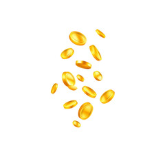 Golden coins are scattered in mid air, creating sense of wealth and abundance. shiny, metallic surfaces reflect light, emphasizing their value and allure