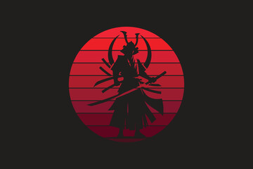 Samurai design with red moon in silhouette style