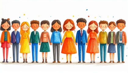 Fototapeta premium Colorful Illustration Of Diverse Happy Children Holding Hands
