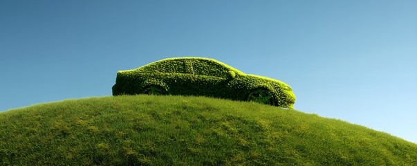 A lush green car shaped topiary sits atop a grassy hill against a clear blue sky, concept for eco-friendly transportation and environmental awareness campaigns