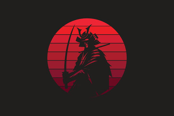 Samurai design with red moon in silhouette style