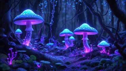 Enchanted forest filled with glowing neon mushrooms under a magical purple twilight atmosphere