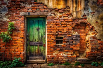 Fototapeta premium Old Broken Doorway in Weathered Brick Wall - Rustic Architectural Detail Stock Photo