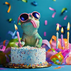 Colorful dinosaur celebration with birthday cake and festive decorations in a fun, vibrant atmosphere