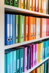 Obraz premium Vibrant Colorful File Folders Arranged Neatly on Shelves in Office Organization and Management System for Business Administration and Efficient Document Storage