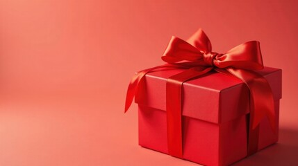 Fototapeta premium A Crimson Present Box with a Lush Red Ribbon Bow, a Symbol of Celebration and Festive Cheer