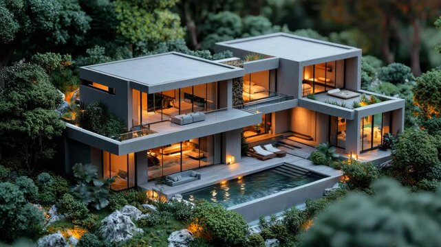 Isometric view of a modern house with the lights on and a pool in the backyard, surrounded by trees