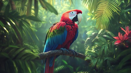A vibrant parrot in a lush jungle setting a colorful display of tropical wildlife amidst verdant foliage