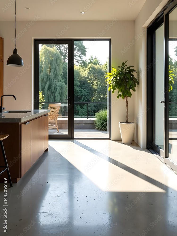 Poster a polished concrete floor reflects the natural light coming from outside, creating a vibrant and vis