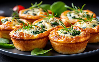 Keto egg muffins with spinach and herbs on dark plate, fresh and savory breakfast with golden crust