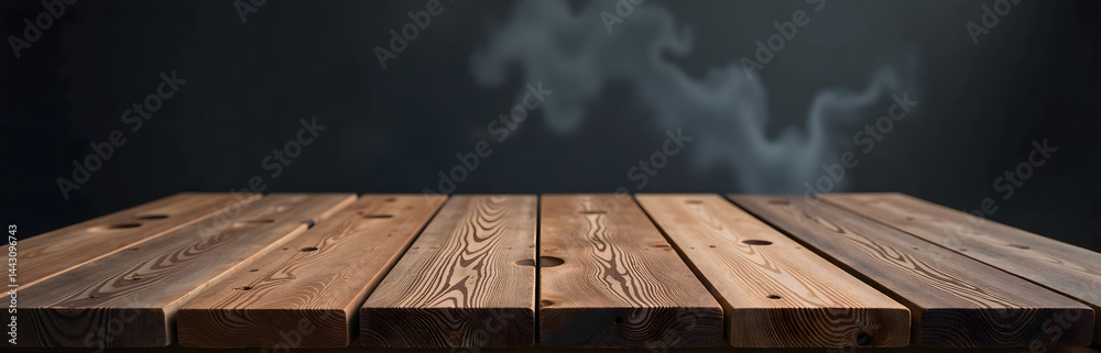 Poster a rustic wooden plank tabletop stands out against a dark smokey background in this striking display 