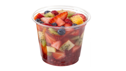 A clear plastic cup filled with a colorful assortment of fresh cut fruit