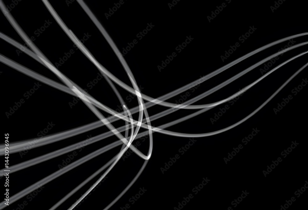 Fototapete Abstract White Lines On Black Backdrop Creating A Dynamic Movement Effect. Delicate Curves Dance, A Striking Contrast, Creating Depth And An Abstract Quality. Light Interplay Adds Visual Interest, A