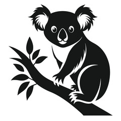 Koala silhouette perched on a tree branch with detailed leaves in black and white
