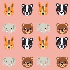 Cute animal faces on a bright background.