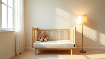 A baby's crib made of light-colored wood sits in a sunlit room. A teddy bear rests on the mattress. A floor lamp stands nearby.