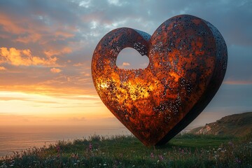 Fototapeta premium Large metal heart sculpture on a hill at sunset, framed by golden and pink rays with wildflowers in the foreground.
