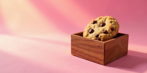A single delicious chocolate chip oatmeal cookie rests gently inside a small wooden box, bathed in soft, warm sunlight against a pale pink background.