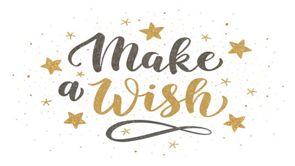 Make a wish text with gold and silver stars and confetti png on a transparent background