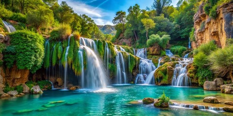 Obraz premium Panoramic View of Montanejos Waterfall, Valencia, Spain - June 24, 2021