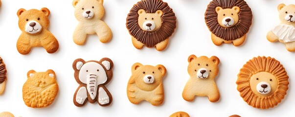 Animal shaped cookies arranged neatly on a clean white surface