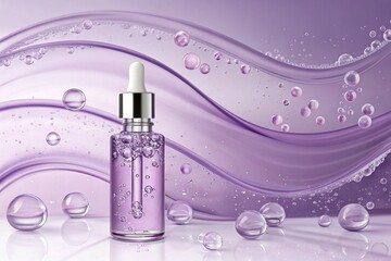 glass vial with professional facial serum on the background of waves and bubbles. Template cosmetic products with oil Q10. Element for design, advertising, promotion of cosmetic - generated by ai